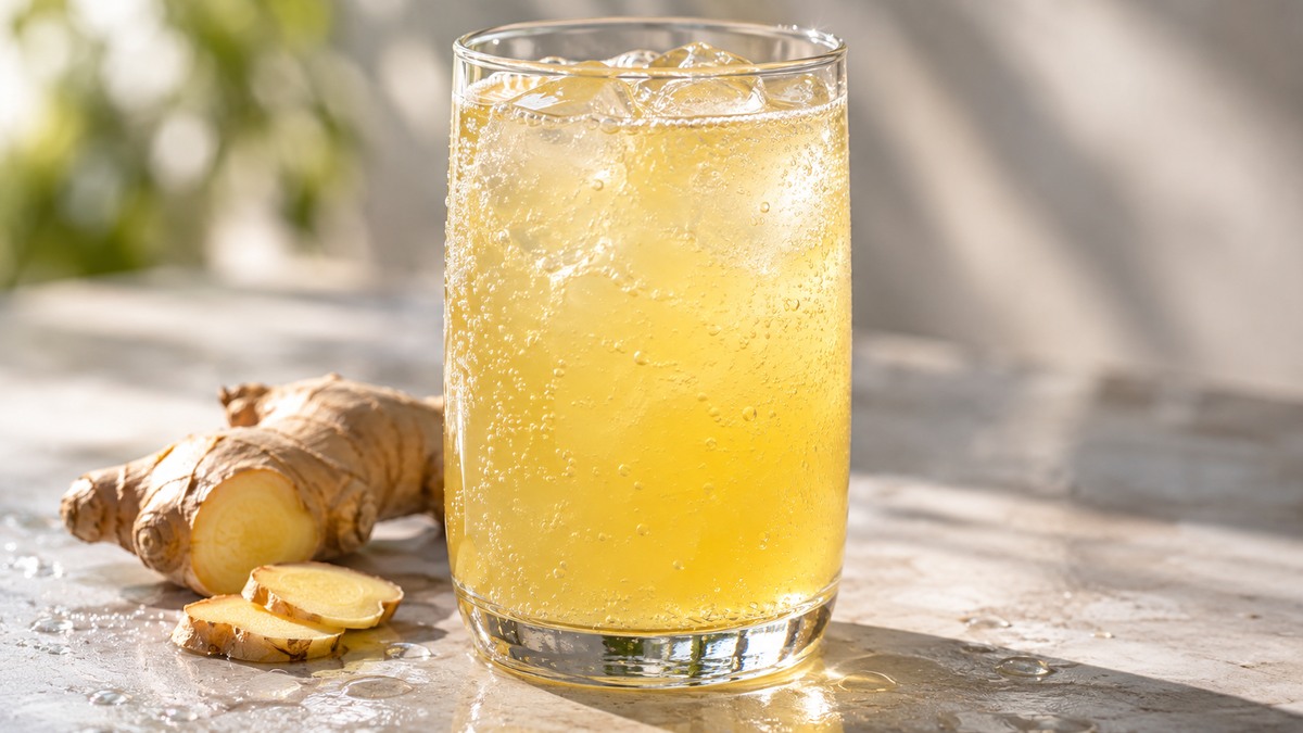 Ananas-Ingwer-Schorle: Fertiges Getränk als zentrales Hauptmotiv.
