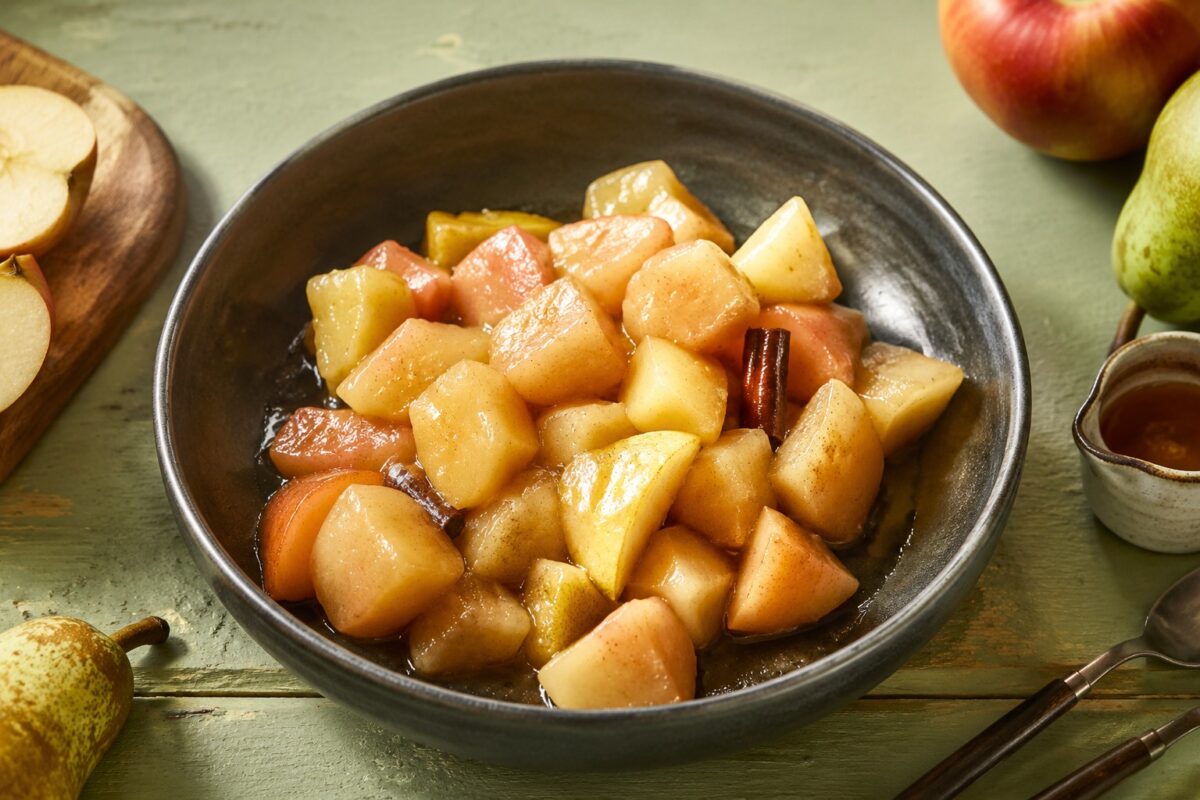 Hauptansicht des fertigen Gerichts. Rezept: Apfel-Birnen-Kompott mit Zimt