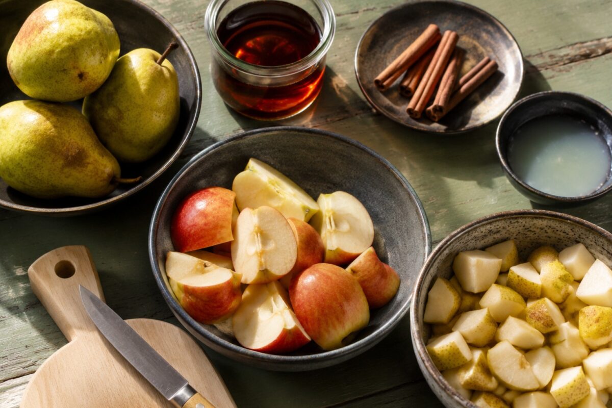 Zutaten- und Vorbereitungsansicht. Rezept: Apfel-Birnen-Kompott mit Zimt