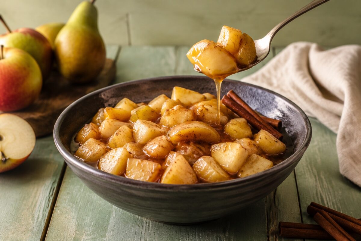 Servierszene mit dem fertigen Gericht. Rezept: Apfel-Birnen-Kompott mit Zimt