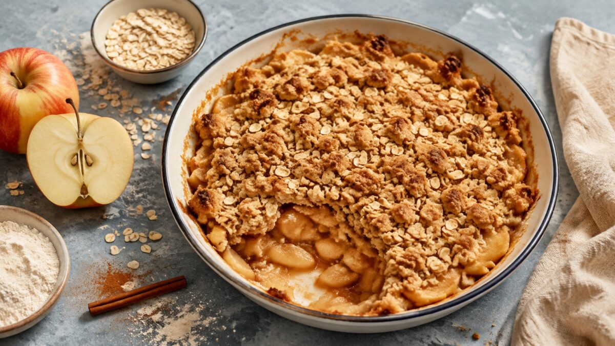 Hauptansicht des fertigen Gerichts. Rezept: Apfel-Crumble mit Haferstreuseln