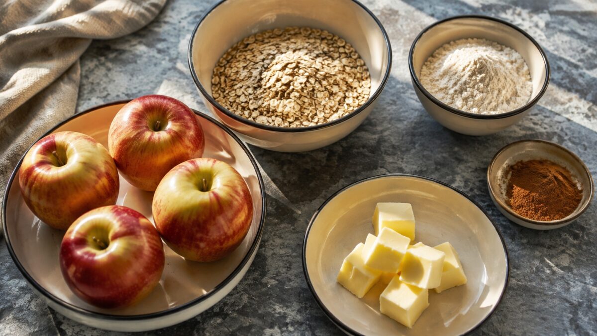 Zutaten- und Vorbereitungsansicht. Rezept: Apfel-Crumble mit Haferstreuseln