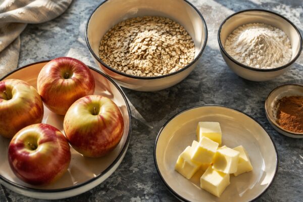Zutaten- und Vorbereitungsansicht. Rezept: Apfel-Crumble mit Haferstreuseln