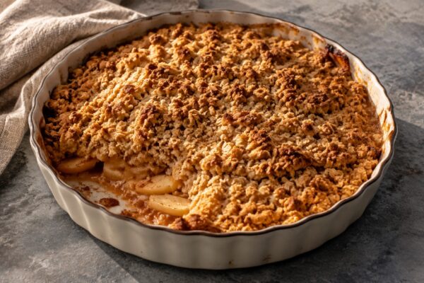 Fertiges Gericht aus einer alternativen Perspektive. Rezept: Apfel-Crumble mit Haferstreuseln
