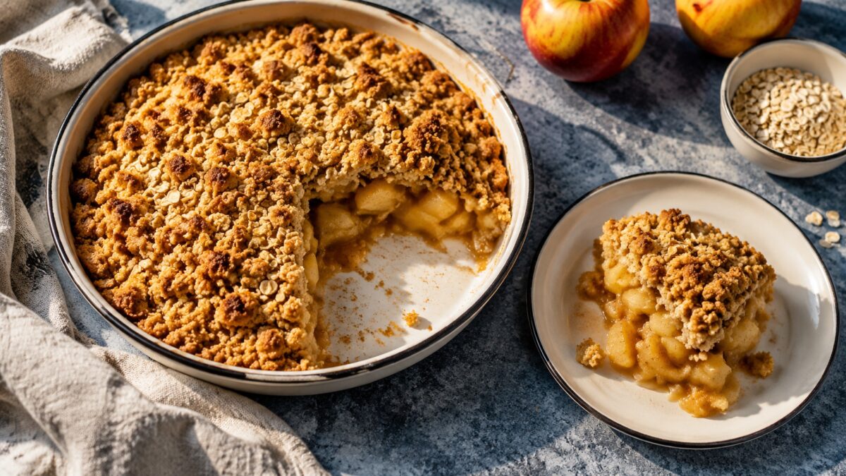 Servierszene mit dem fertigen Gericht. Rezept: Apfel-Crumble mit Haferstreuseln