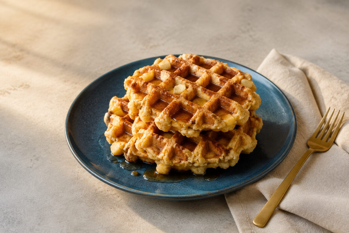 Hauptansicht des fertigen Gerichts. Rezept: Apfel-Hafer-Waffeln mit Zimt