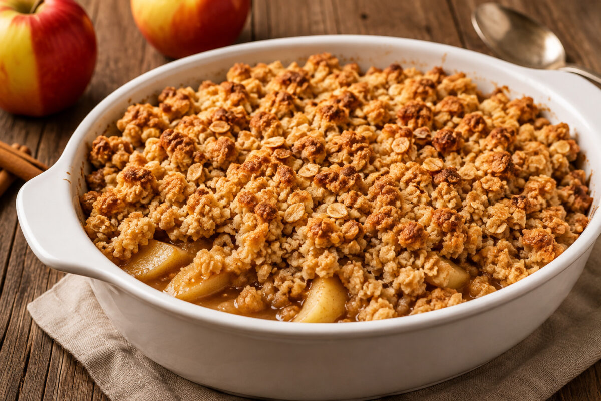 Fertiger Apfel-Zimt-Crumble in heller Keramikform mit goldbraunen Haferstreuseln und sichtbaren Apfelstücken, warme Hauptansicht.