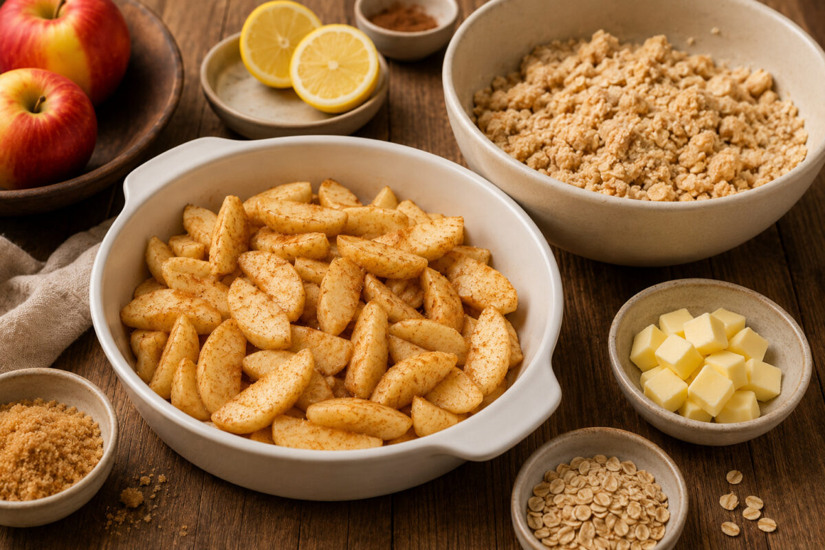 Vorbereitungsansicht mit gewürzten Apfelspalten, grober Streuselmischung, Butter, Haferflocken, braunem Zucker, Zimt und Zitrone auf rustikalem Holz.