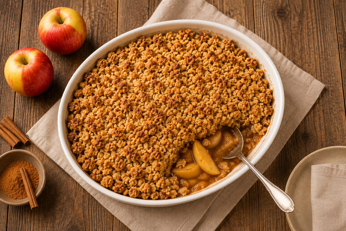 Fertiger Apfel-Zimt-Crumble aus deutlich höherer Perspektive; goldbraune Streusel, sichtbare Apfelfüllung und Servierlöffel.