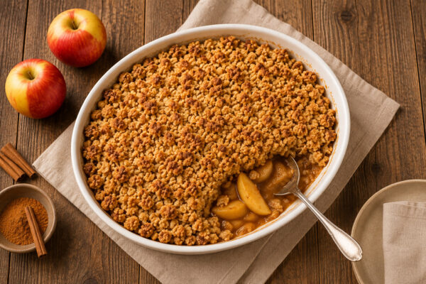 Fertiger Apfel-Zimt-Crumble aus deutlich höherer Perspektive; goldbraune Streusel, sichtbare Apfelfüllung und Servierlöffel.