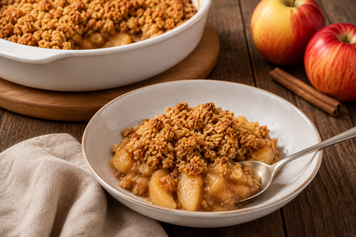 Servierszene mit einer Portion Apfel-Zimt-Crumble in heller Schale, sichtbaren Apfelstücken und knusprigen Streuseln; Backform im Hintergrund.