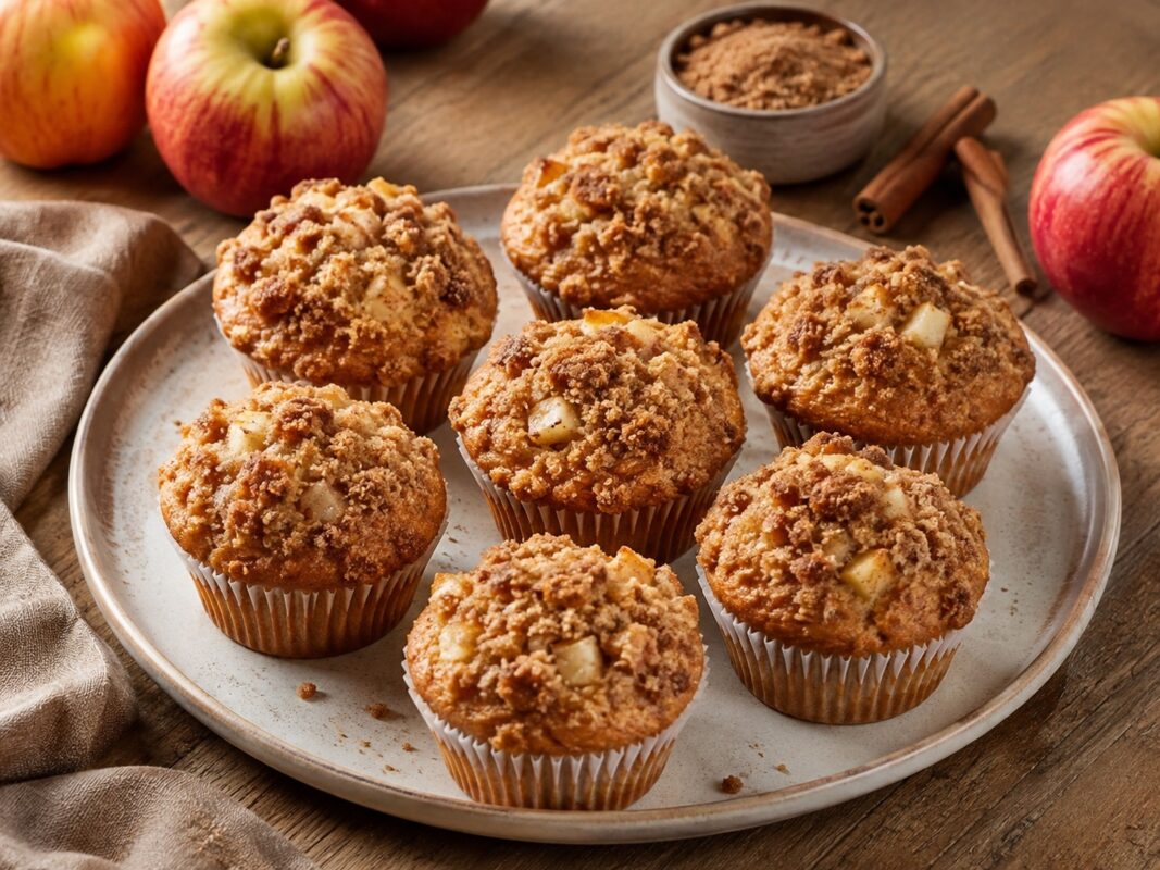 Mehrere goldbraune Muffins in Papierförmchen mit deutlich sichtbaren knusprigen Zimtstreuseln.