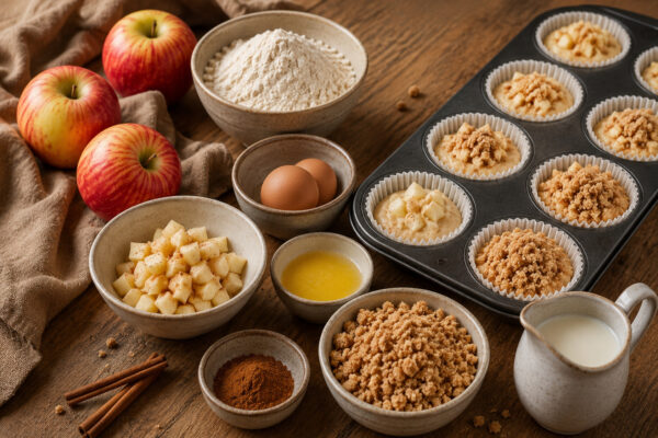 Zutaten- und Vorbereitungsansicht mit Äpfeln, Mehl, Eiern, Milch, Butter, Zimt, Streuseln und bereits befüllten Muffinförmchen auf warmem rustikalem Holztisch.