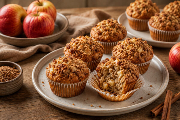 Fertige goldbraune Apfel-Zimt-Muffins mit deutlich sichtbaren knusprigen Streuseln und Apfelstückchen, aus einer anderen Perspektive als Bild 1.