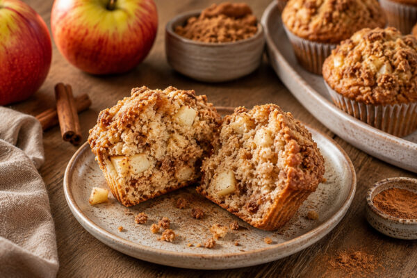 Servier- und Detailansicht eines aufgebrochenen Apfel-Zimt-Muffins mit sichtbaren Apfelstückchen und Streuselkruste, weitere Muffins im Hintergrund.