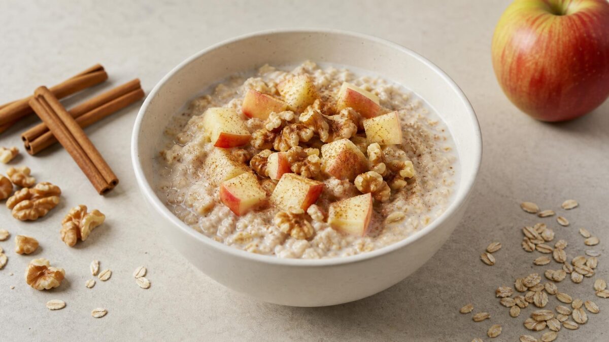Hauptansicht des fertigen Gerichts. Rezept: Apfel-Zimt-Porridge mit Walnüssen