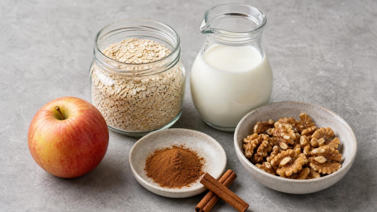 Zutaten- und Vorbereitungsansicht zum Rezept. Rezept: Apfel-Zimt-Porridge mit Walnüssen