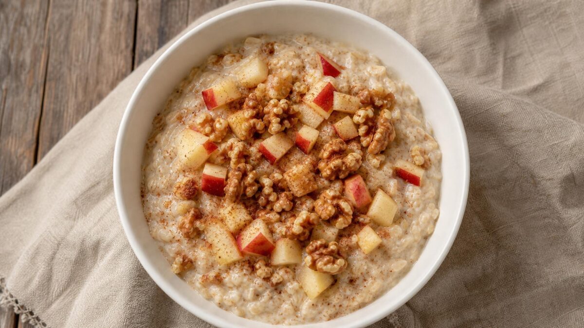 Fertiges Gericht aus einer alternativen Perspektive. Rezept: Apfel-Zimt-Porridge mit Walnüssen