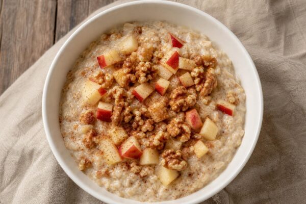 Fertiges Gericht aus einer alternativen Perspektive. Rezept: Apfel-Zimt-Porridge mit Walnüssen