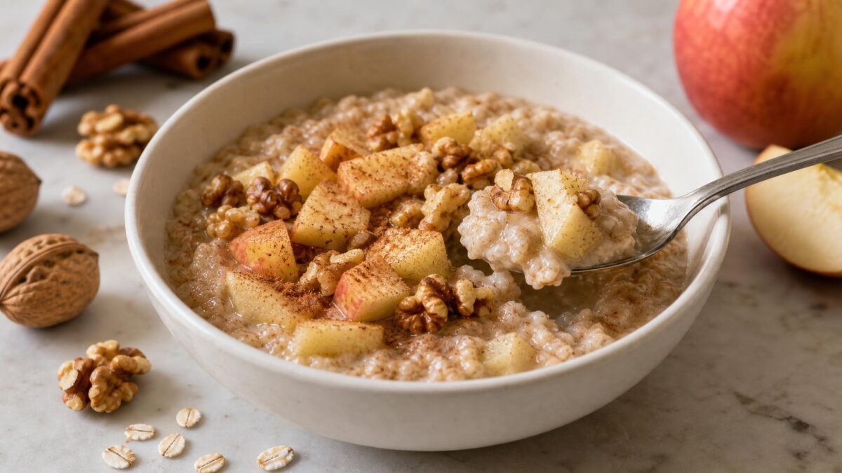 Servierszene mit dem fertigen Gericht. Rezept: Apfel-Zimt-Porridge mit Walnüssen