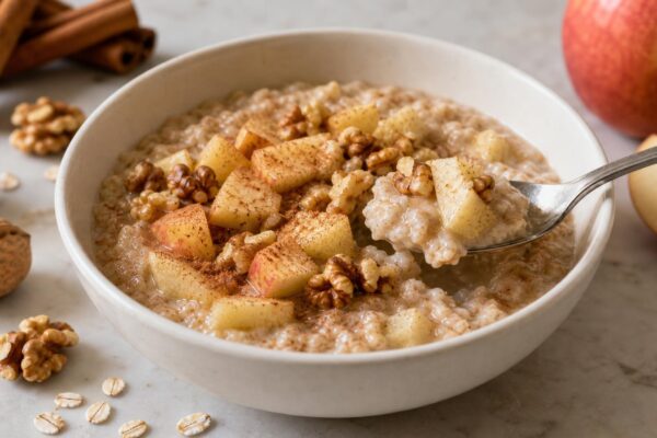 Servierszene mit dem fertigen Gericht. Rezept: Apfel-Zimt-Porridge mit Walnüssen