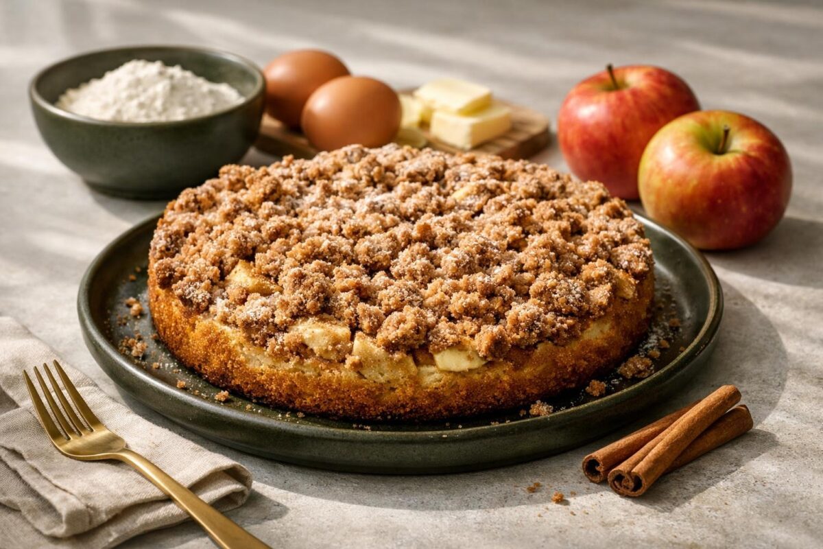 Hauptansicht des fertigen Gerichts. Rezept: Apfelkuchen mit Zimtstreuseln