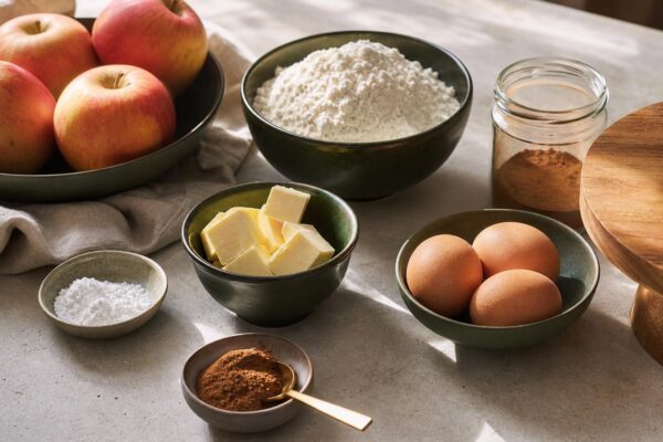 Zutaten- und Vorbereitungsansicht. Rezept: Apfelkuchen mit Zimtstreuseln