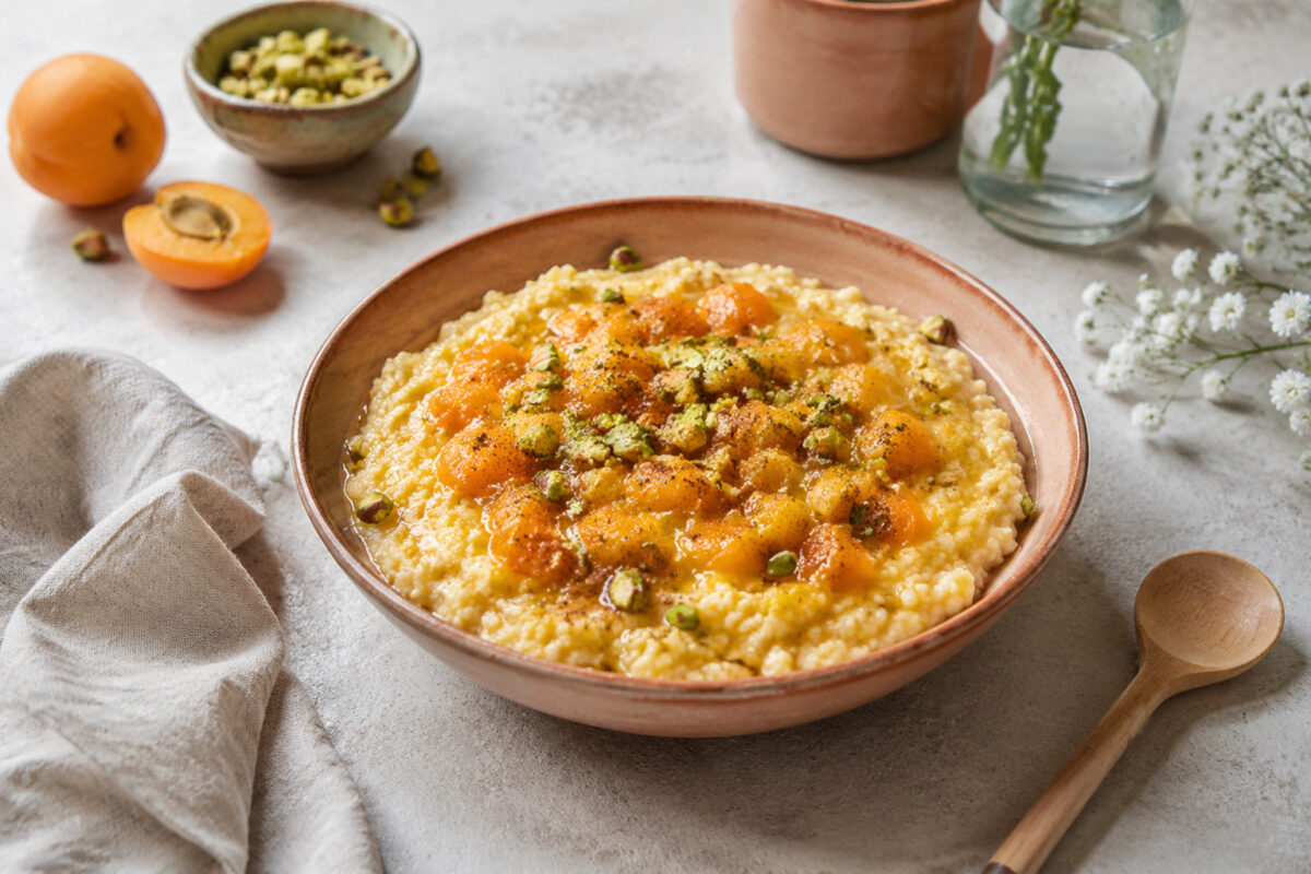 Hauptansicht des fertigen Gerichts. Rezept: Aprikosen-Hirse-Frühstück mit Pistazien