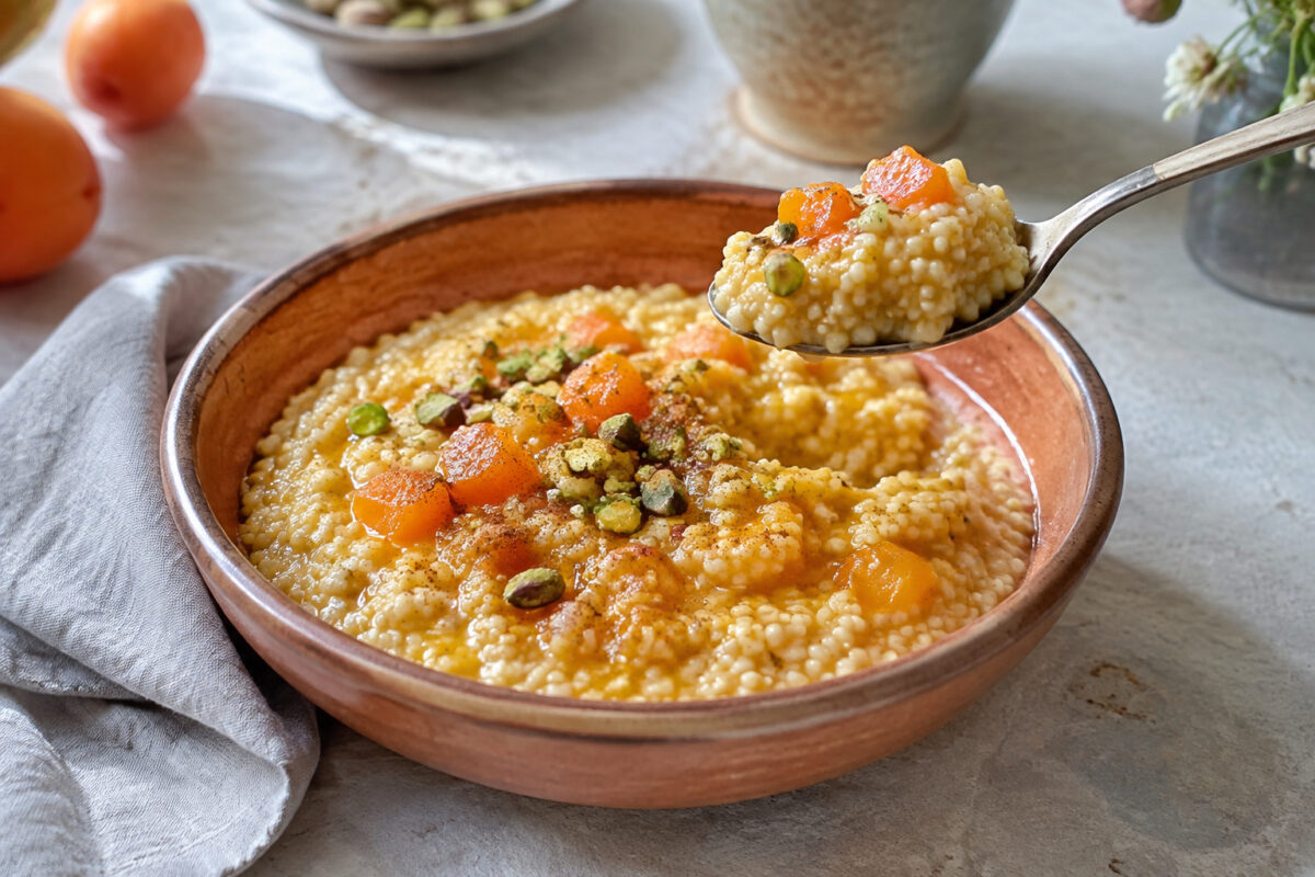 Servierszene mit dem fertigen Gericht. Rezept: Aprikosen-Hirse-Frühstück mit Pistazien