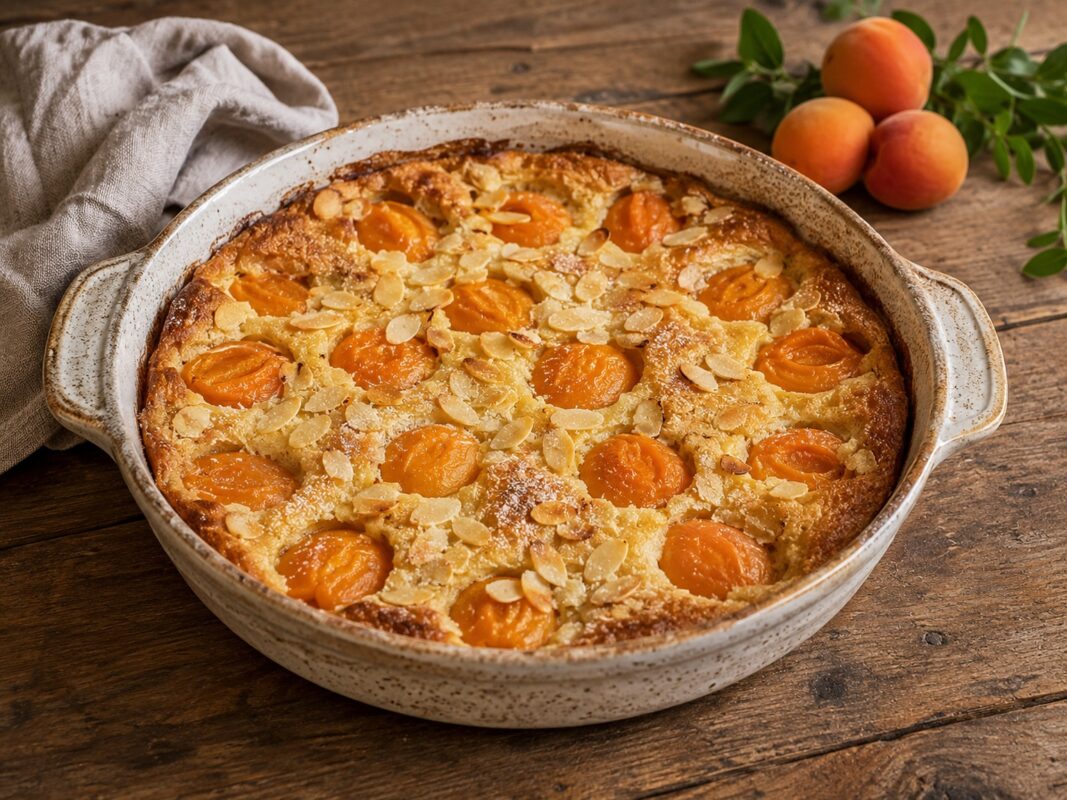 Runde Keramikform mit goldbraunem Aprikosen-Clafoutis und Mandelblättchen, ganze Aprikosen im Hintergrund.