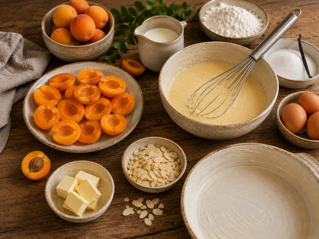 Zutaten- und Vorbereitungsansicht mit halbierten Aprikosen, Eiern, Milch, Mehl, Zucker, Vanille, Mandelblättchen und Butter im rustikalen Back-Setup.