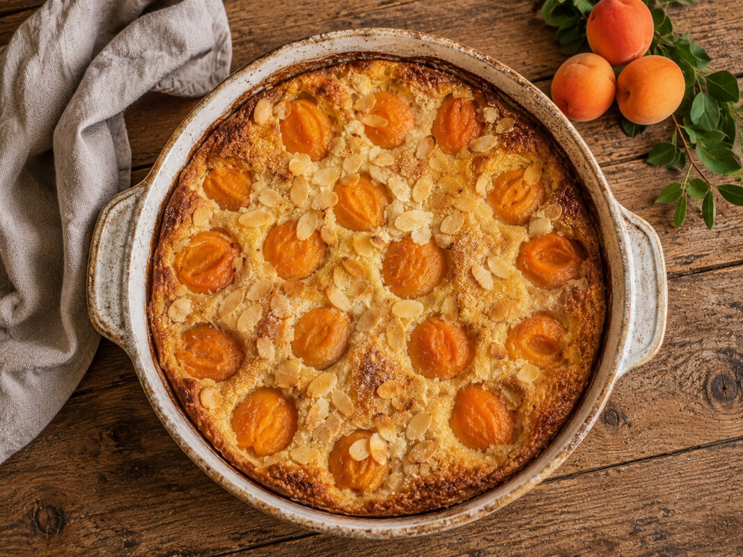 Draufsicht auf den fertig gebackenen Aprikosen-Mandel-Clafoutis in derselben hellen runden Keramikform mit goldbrauner Oberfläche und Mandelblättchen.