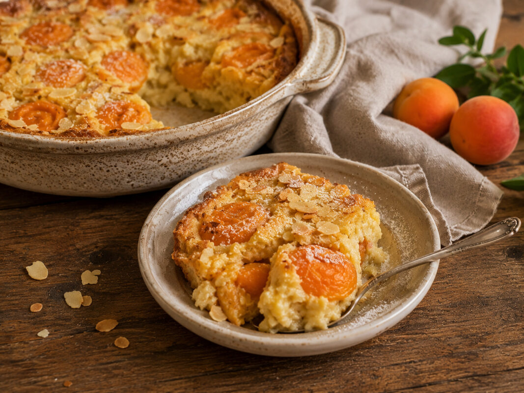 Servieransicht einer Portion Aprikosen-Mandel-Clafoutis auf einem hellen Teller, mit der angeschnittenen Backform und frischen Aprikosen im Hintergrund.