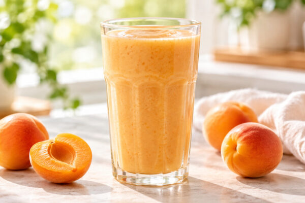 Aprikosen-Mandel-Smoothie: Fertiges Getränk als zentrales Hauptmotiv.