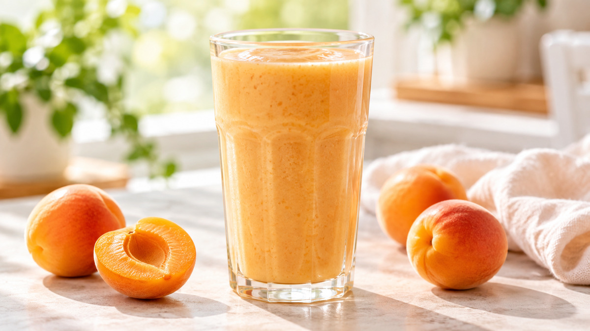 Aprikosen-Mandel-Smoothie: Fertiges Getränk als zentrales Hauptmotiv.