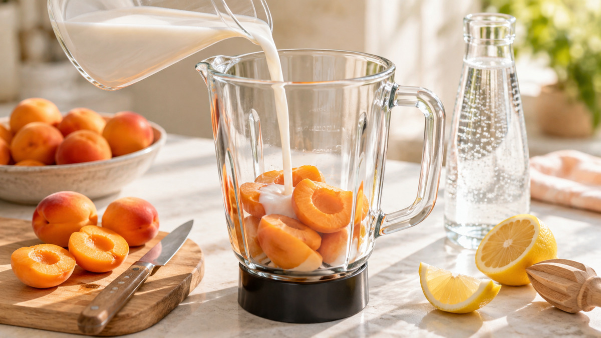 Aprikosen-Mandel-Smoothie: Verwendete Zutaten und nachvollziehbare Vorbereitung.