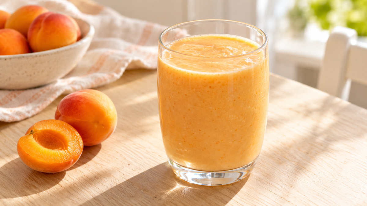 Aprikosen-Mandel-Smoothie: Fertiges Getränk aus einer alternativen Perspektive.