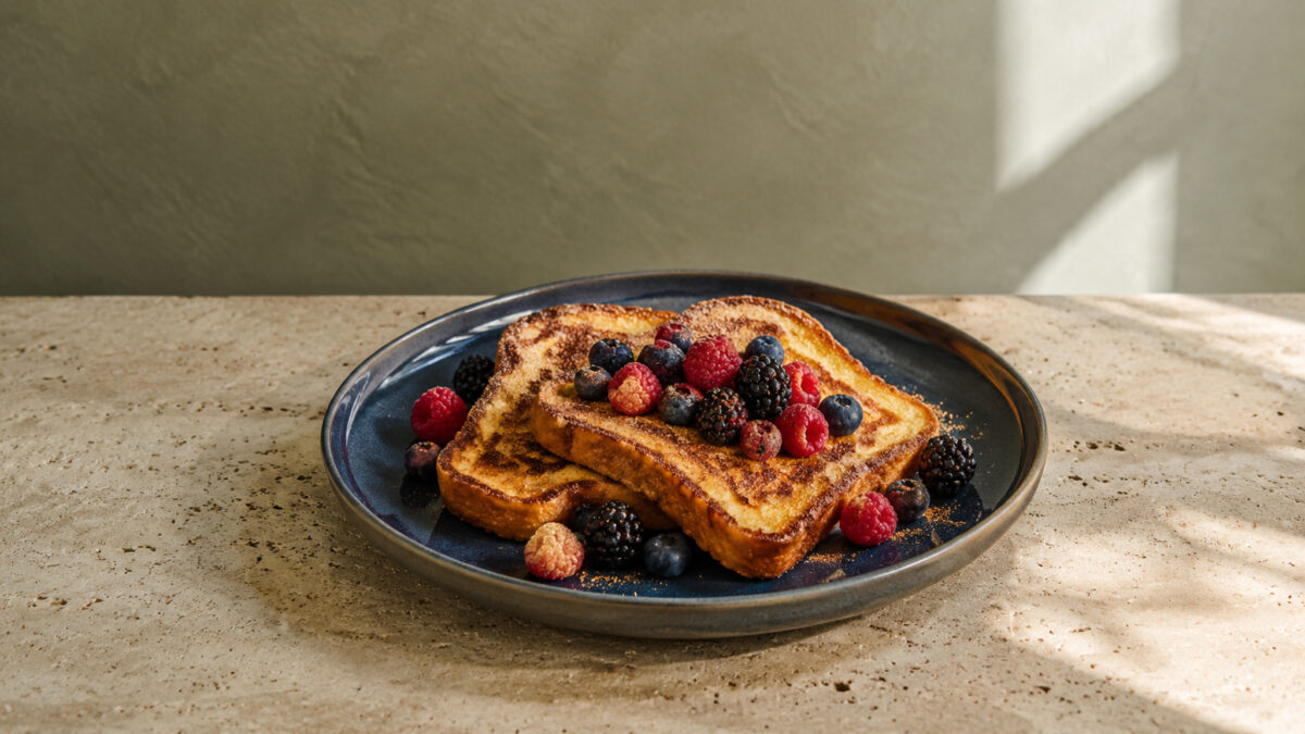 Hauptansicht des fertigen Gerichts. Rezept: Arme Ritter mit Zimt und Beeren