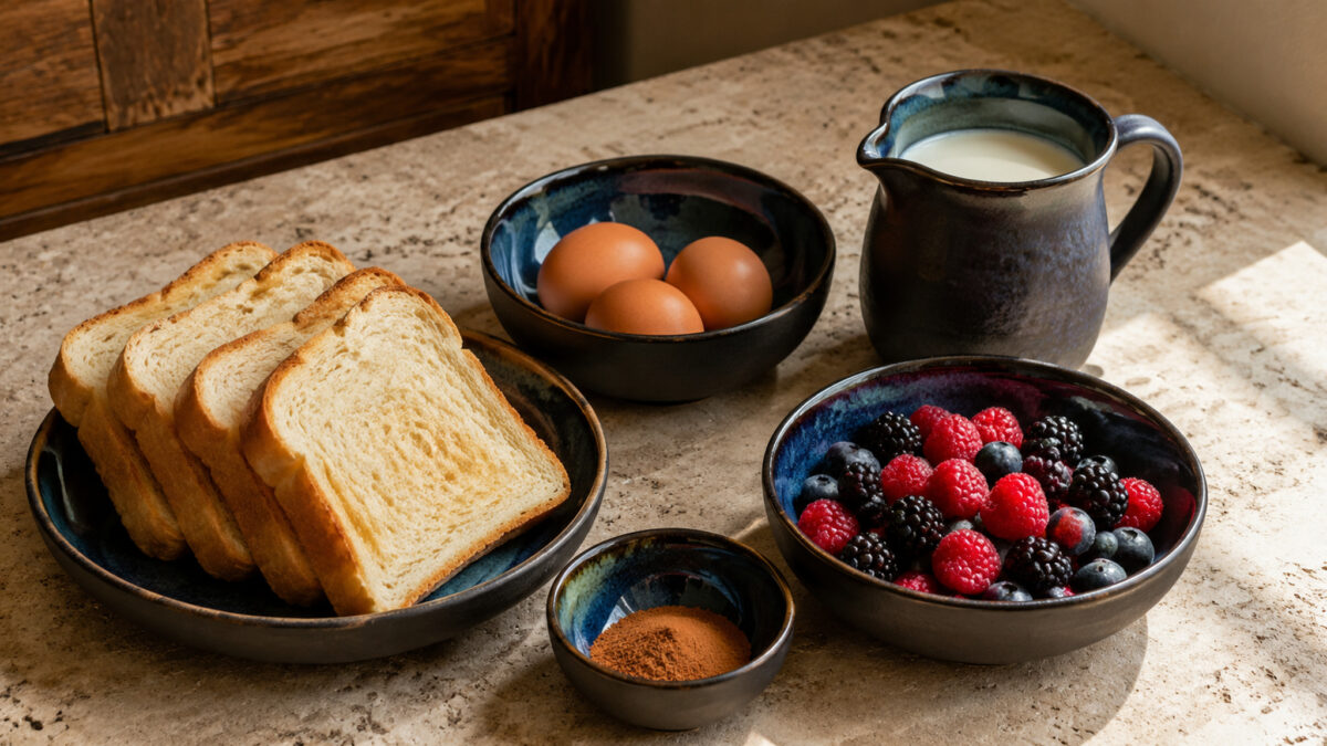 Zutaten- und Vorbereitungsansicht. Rezept: Arme Ritter mit Zimt und Beeren