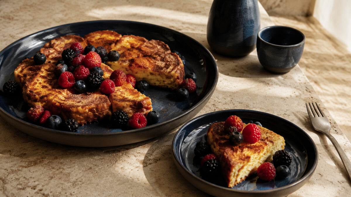Servierszene mit dem fertigen Gericht. Rezept: Arme Ritter mit Zimt und Beeren