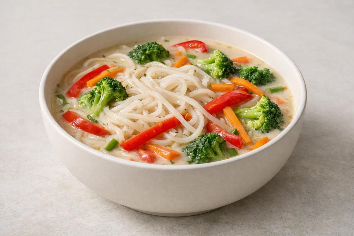Hauptansicht des fertigen Gerichts. Rezept: Asiatische Kokossuppe mit Gemüse und Reisnudeln