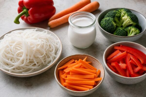 Zutaten- und Vorbereitungsansicht. Rezept: Asiatische Kokossuppe mit Gemüse und Reisnudeln