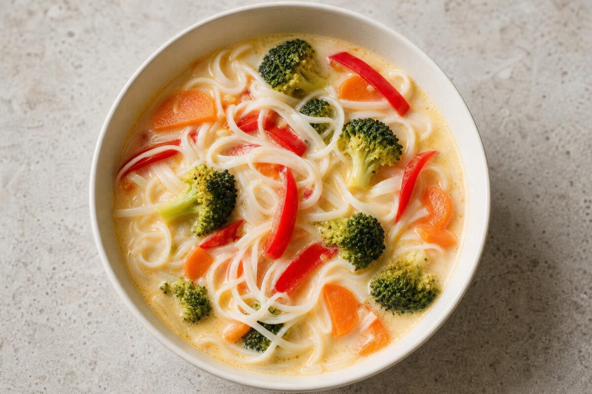 Fertiges Gericht aus einer alternativen Perspektive. Rezept: Asiatische Kokossuppe mit Gemüse und Reisnudeln