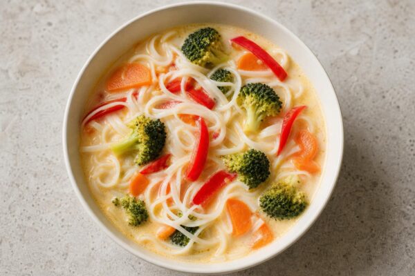 Fertiges Gericht aus einer alternativen Perspektive. Rezept: Asiatische Kokossuppe mit Gemüse und Reisnudeln