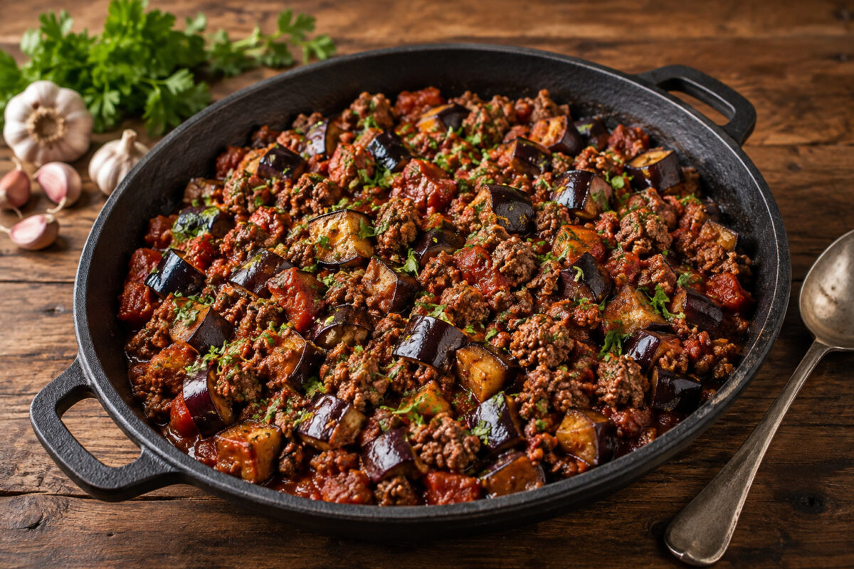 Fertige Auberginen-Hackpfanne in schwarzer Pfanne mit Auberginenwürfeln, Rinderhack, Tomatensauce und Petersilie.