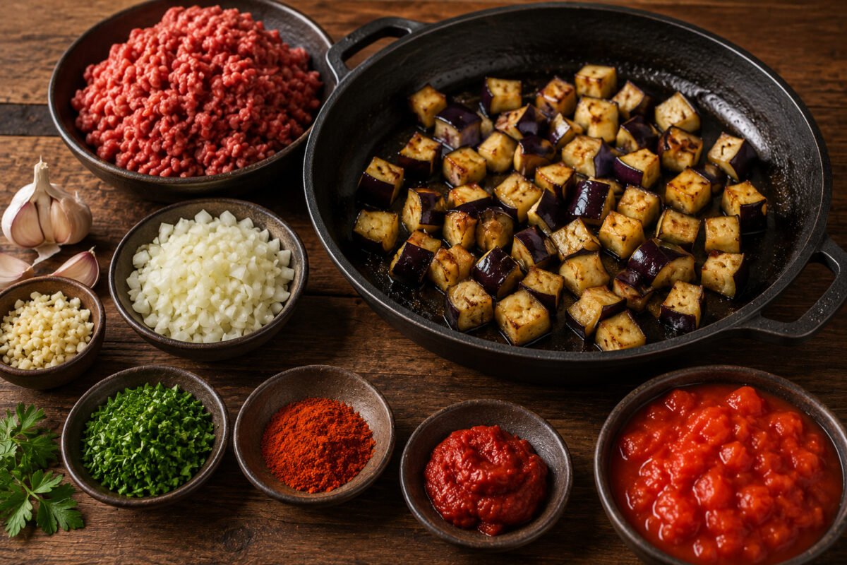 Vorbereitungsansicht mit gebräunten Auberginenwürfeln sowie Rinderhack, Zwiebel, Knoblauch, Petersilie, Paprikapulver, Tomatenmark und stückigen Tomaten.
