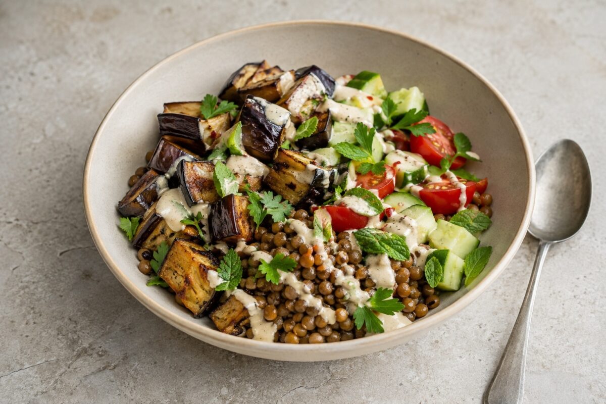 Bowl mit gerösteten Auberginenwürfeln, Linsen, Gurke, Tomaten und Tahini-Sauce.