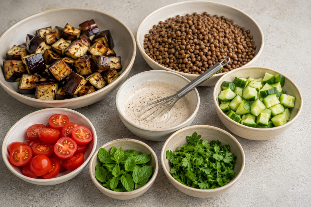 Zutaten- und Vorbereitungsansicht mit gerösteter Aubergine, Linsen, Gurke, Tomaten, Kräutern und Tahini-Sauce.