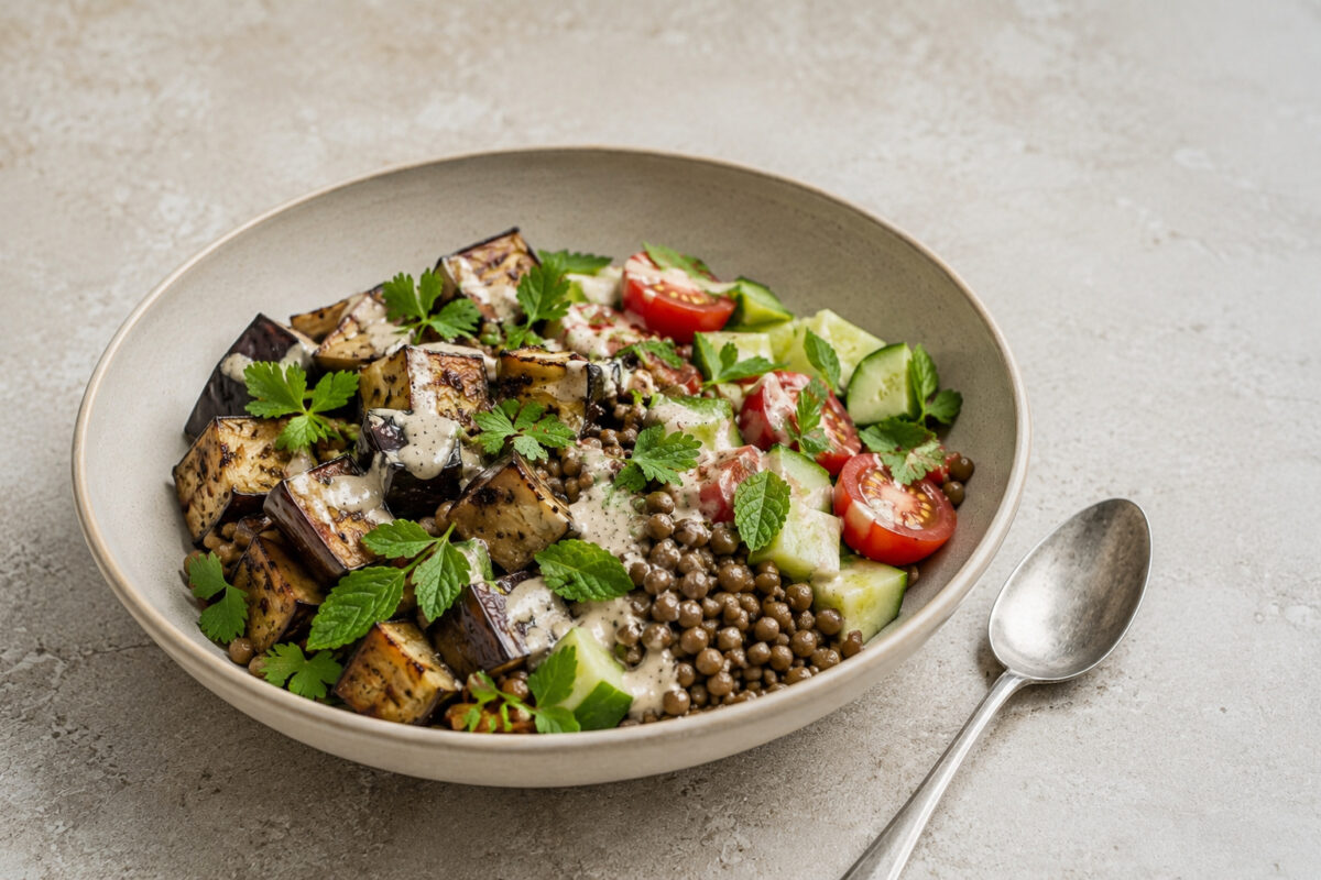 Fertige Auberginen-Linsen-Bowl mit Tahini aus alternativer Perspektive.