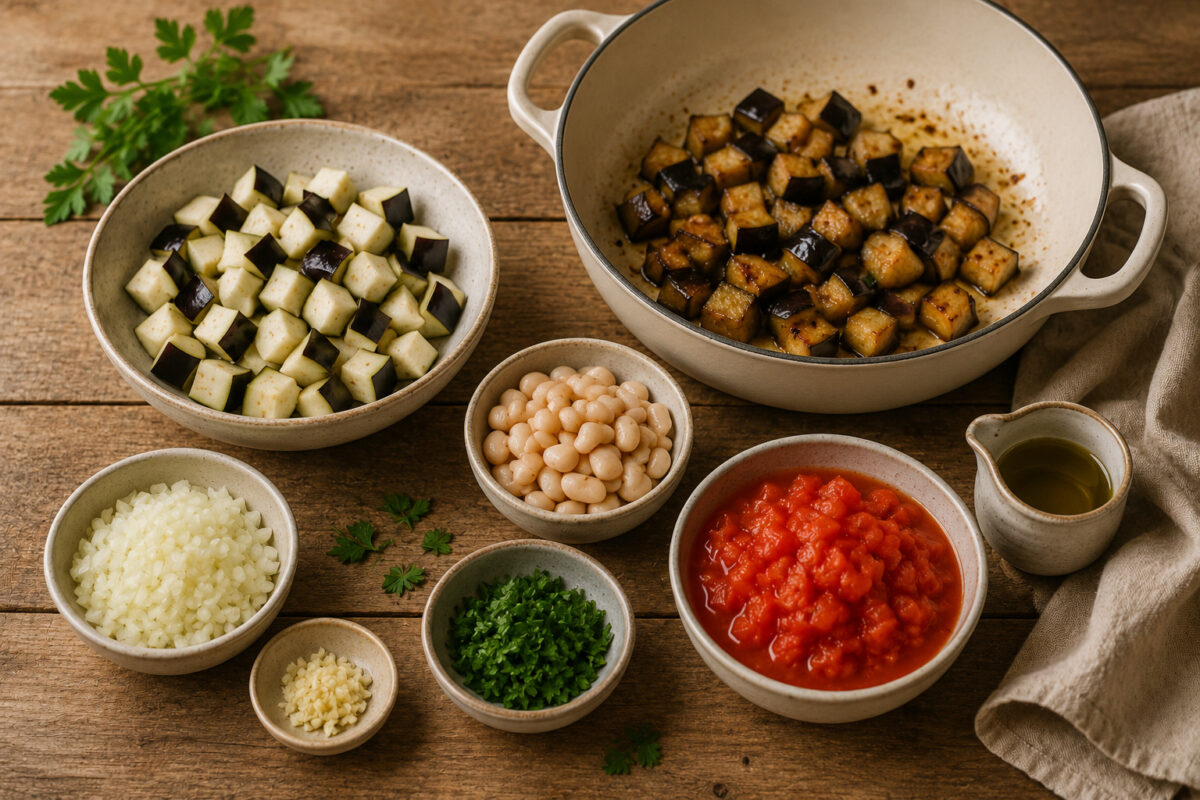 Zutaten- und Vorbereitungsansicht mit gewürfelter Aubergine, angebratener Aubergine, weißen Bohnen, Tomaten, Zwiebel, Knoblauch, Petersilie und Olivenöl.